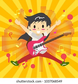 Young boy playing Acoustic guitar. Happy Love music on colorful Background.character design. pop art ,comics,halftone,cartoon style for.poster, greeting card, party invitation, banner other users