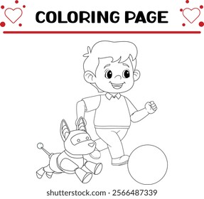 young boy playing big ball with his cyber dog coloring page for kids