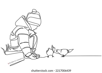 A young boy playing with birds and feeding them his rusk. Celebrate kindness concept line art. Continuous line drawing of a kind loving nature. Love empathy and kindness know no bounds vector