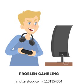 Young boy playing computer video game with controller. Gaming addiction. Isolated vector illustration in cartoon style