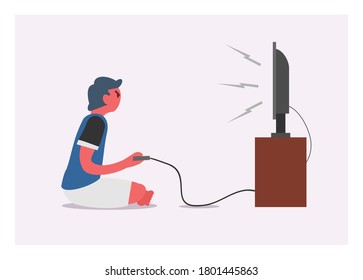 A young boy playing console game alone. Simple flat illustration