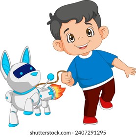 young boy playing with cyber dog using jetpack of illustration