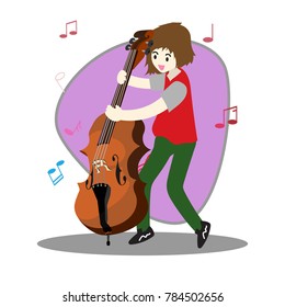 Young boy playing double bass Happy Love music Background character design illustration vector in cartoon style
