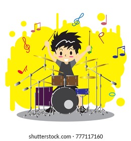 Young boy playing Drum set  Happy Love music color Background character design illustration vector in cartoon style