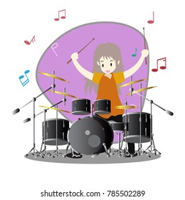 Young boy playing Drum set Happy Love music Background character design illustration vector in cartoon style