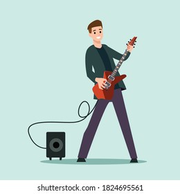 Young boy playing electric guitar rock music isolated character sound