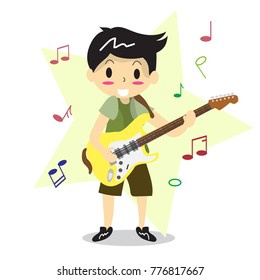 Young boy playing Electric guitar Happy Love music Star Background character design illustration vector in cartoon style