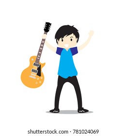 Young boy playing Electric guitar Happy Love music Vector illustration isolated on background