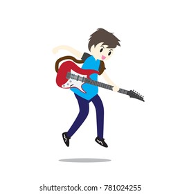 Young boy playing Electric guitar Happy Love music Vector illustration isolated on background