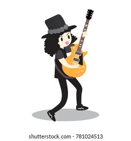 Young boy playing Electric guitar Happy Love music Vector illustration isolated on background