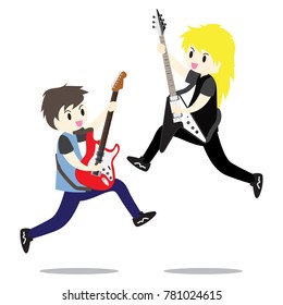 Young boy playing Electric guitar Happy Love music Vector illustration isolated on background