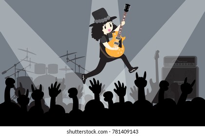 Young boy playing Electric guitar Happy Love music Vector live concert background