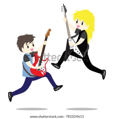 Young boy playing Electric guitar Happy Love music Vector illustration isolated on background