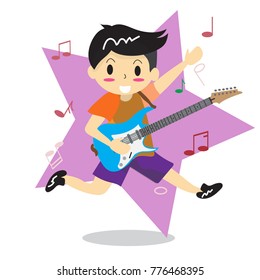 Young boy playing electric rock guitar Happy Love music Star Background character design illustration vector in cartoon style