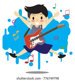 Young boy playing electric rock guitar Happy Love music abstract Background character design illustration vector in cartoon style