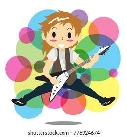 Young boy playing electric rock guitar Happy Love music color Background character design illustration vector in cartoon style