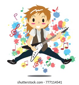 Young boy playing electric rock guitar Happy Love music color Background character design illustration vector in cartoon style