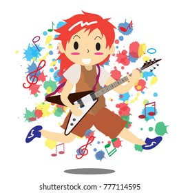 Young boy playing electric rock guitar Happy Love music color Background character design illustration vector in cartoon style