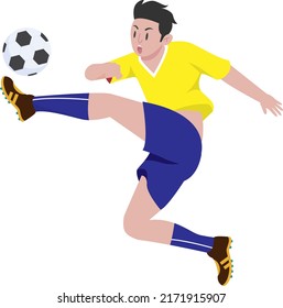 young boy playing a foot ball socker kick wearing a yellow color t shirt and blue color pant vector graphic design