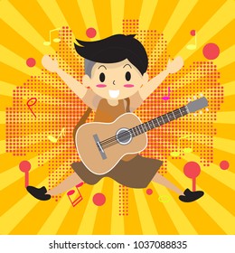 Young boy playing guitar. Happy Love music on colorful Background.character design. pop art ,comics,halftone,cartoon style for.poster, greeting card, party invitation, banner other users