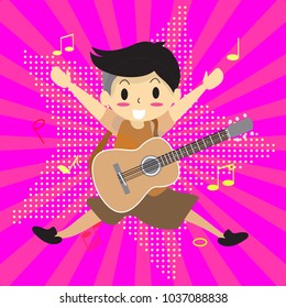 Young boy playing guitar. Happy Love music on colorful Background.character design. pop art ,comics,halftone,cartoon style for.poster, greeting card, party invitation, banner other users