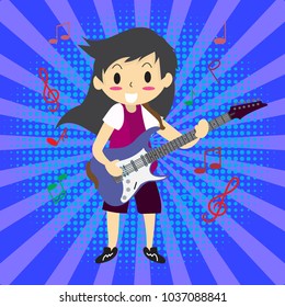 Young boy playing guitar. Happy Love music on colorful Background.character design. pop art ,comics,halftone,cartoon style for.poster, greeting card, party invitation, banner other users