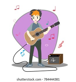 Young boy playing guitar Happy Love music Background character design illustration vector in cartoon style