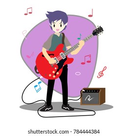 Young boy playing guitar Happy Love music Background character design illustration vector in cartoon style