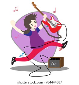 Young boy playing guitar Happy Love music Background character design illustration vector in cartoon style