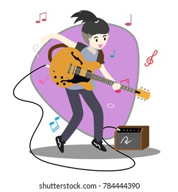 Young boy playing guitar Happy Love music Background character design illustration vector in cartoon style