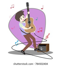 Young boy playing guitar Happy Love music Background character design illustration vector in cartoon style