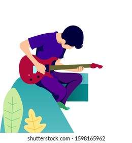 Young boy playing guitar illustration. Vector flat illustration. Eps 10
