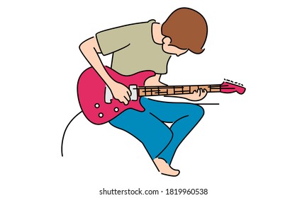 Niño jugando guitarra, ilustración de arte de línea