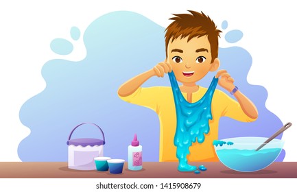 Young boy playing with homemade blue green slime. Vector illustration isolated on white background.