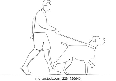 A young boy playing outdoors with his dog. Walking or playing with dog one-line drawing
