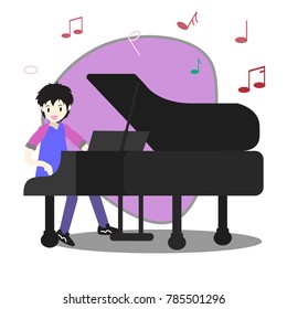 Young boy playing piano .Happy Love music Background character design illustration vector in cartoon style