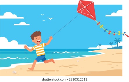 Young boy playing with red kite