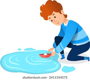 Young boy playing with red paper boat in water puddle, kids activity outdoors, childhood games vector illustration. Playful child enjoying rainy day, imagination and fun vector illustration.