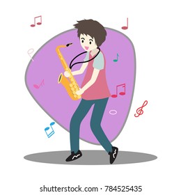 Young boy playing saxophone Happy Love music Background character design illustration vector in cartoon style