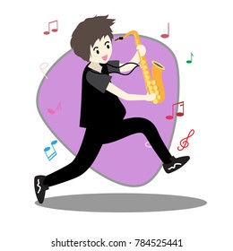 Young boy playing saxophone Happy Love music Background character design illustration vector in cartoon style