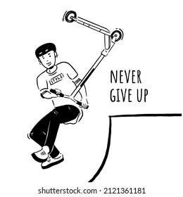 Young boy playing scooter, never give up concept illustration