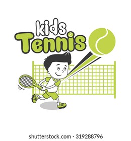 Young Boy. Boy Playing Tennis. Kids Tennis. Vector Illustration on White Background. Tennis in College. Tennis For Beginners. Tennis Tips. Player, Young Sportsman. Trainee Happy Player Junior.