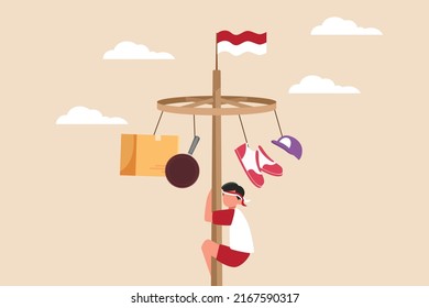 Young boy playing traditional game is Pole Climbing. Indonesian Independence Day concept. Flat vector illustration isolated.