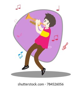 Young boy playing Trumpet  Happy Love music Background character design illustration vector in cartoon style