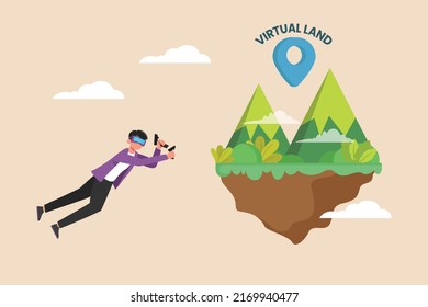 Young Boy Playing Virtual Game With Virtual Land Concept. Virtual And Metaverse Concept. Flat Vector Illustration.