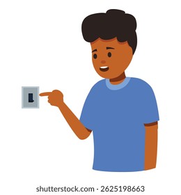 Young boy pointing at a light switch, learning about electricity, safety, and how things work