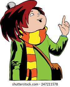 A young boy pointing to the sky with his finger.