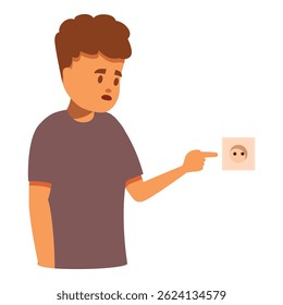 Young boy pointing at a wall power socket with a concerned look, highlighting the importance of electrical safety education for children