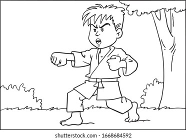Young boy practice martial arts, vector illustration
