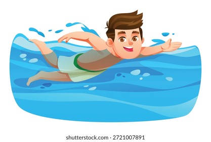 Muchacho joven que practica golpe de arrastre delantero en agua azul clara de la piscina. Vector ilustración de dibujos animados
